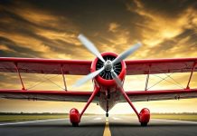 Un avión biplano rojo detenido sobre una pista de aterrizaje.