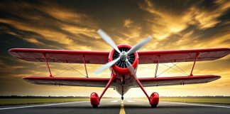 Un avión biplano rojo detenido sobre una pista de aterrizaje.