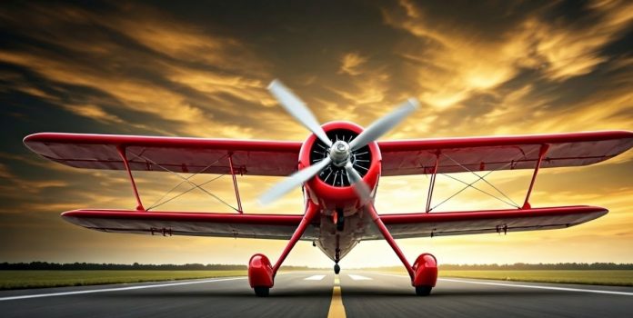 Un avión biplano rojo detenido sobre una pista de aterrizaje.