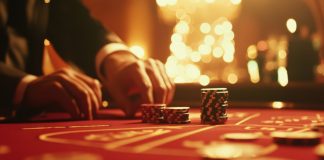 Las manos de un crupier en una mesa de casino.