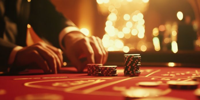 Las manos de un crupier en una mesa de casino.
