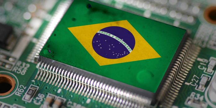 La bandera de Brasil en un chip de computadora.