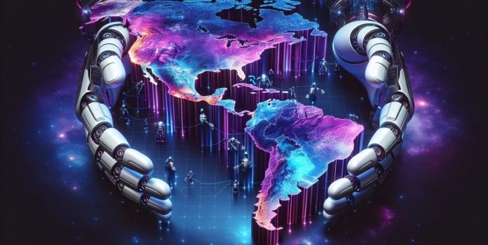 manos de robot abrazando latinoamérica